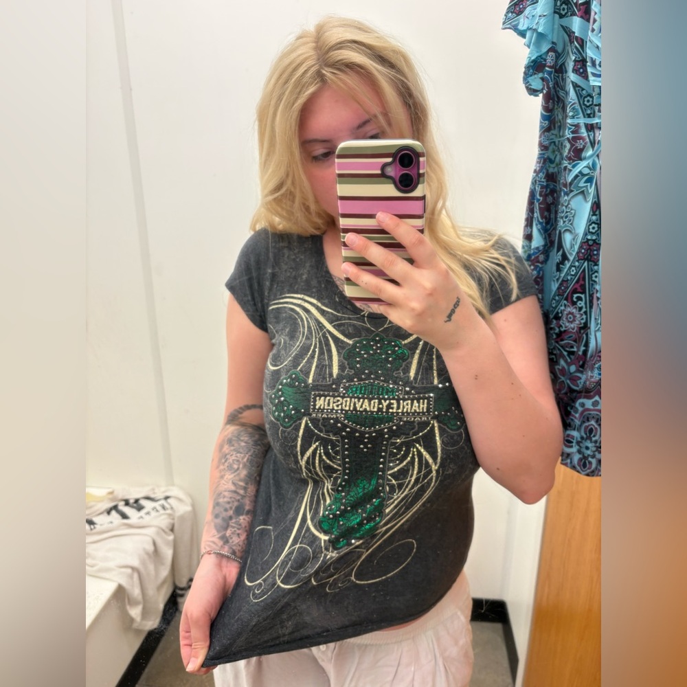 Harley-Davidson Black Tee with Green and Gold Studded Cross